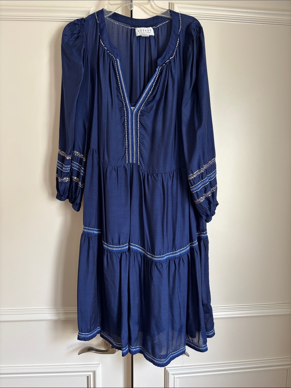 Velvet Navy Blue Embroidered Tiered Dress